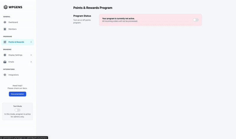 WPGens Points and Rewards for WooCommerce - Enable or Disable the Points & Rewards Program