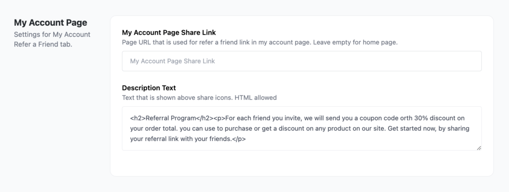 WooCommerce Refer a friend Display Settings My account page