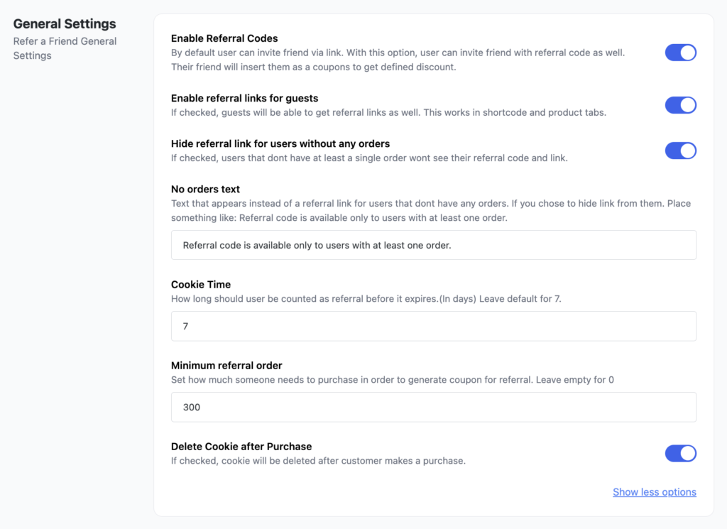 WooCommerce Refer a Friend General referral settings