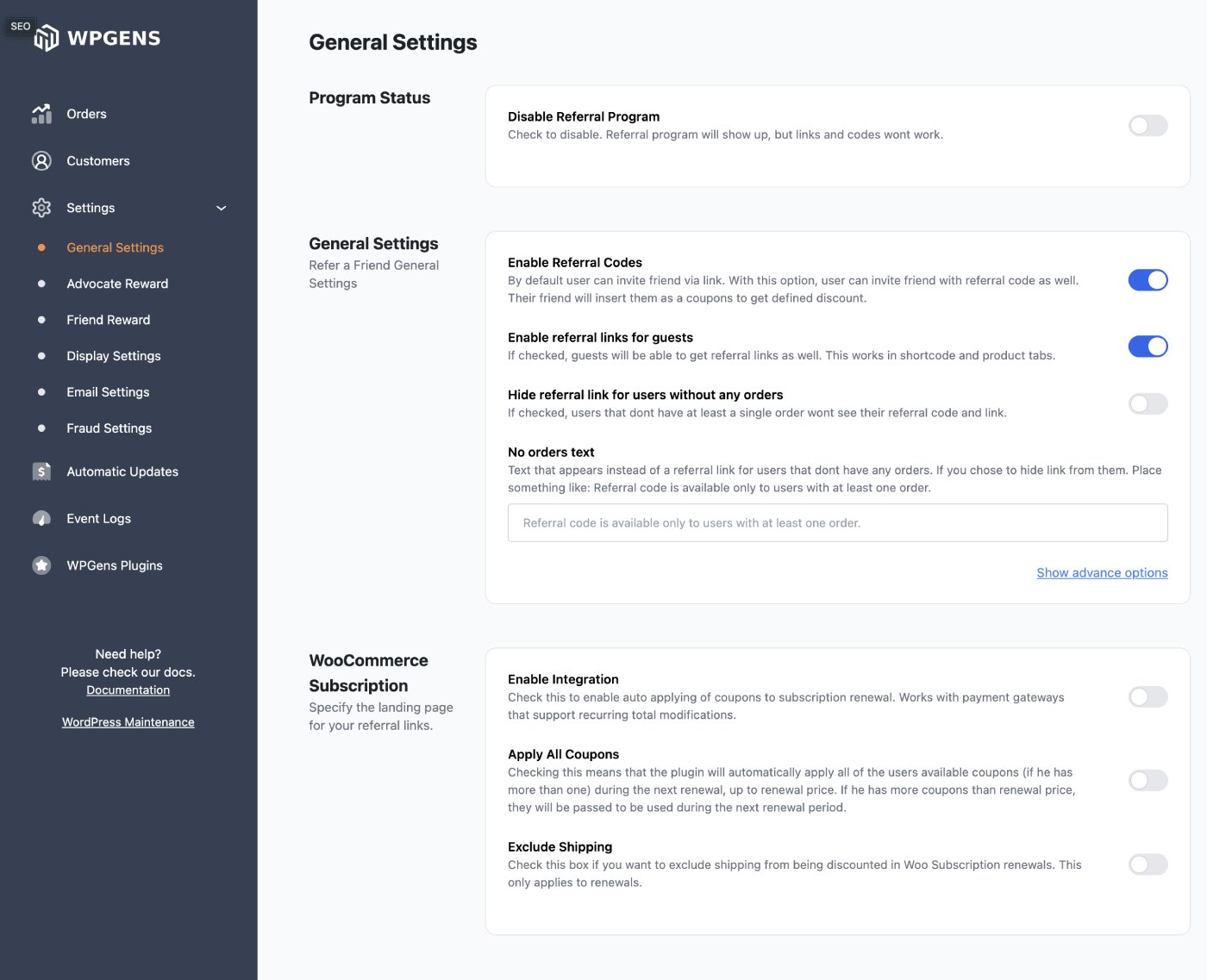 Referral program settings